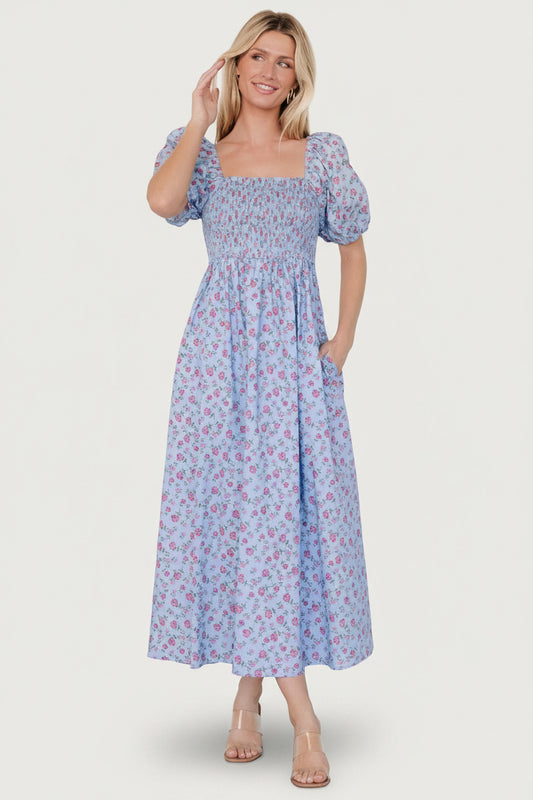 Haddie Smocked Midi Dress | Light Blue + Rose Floral