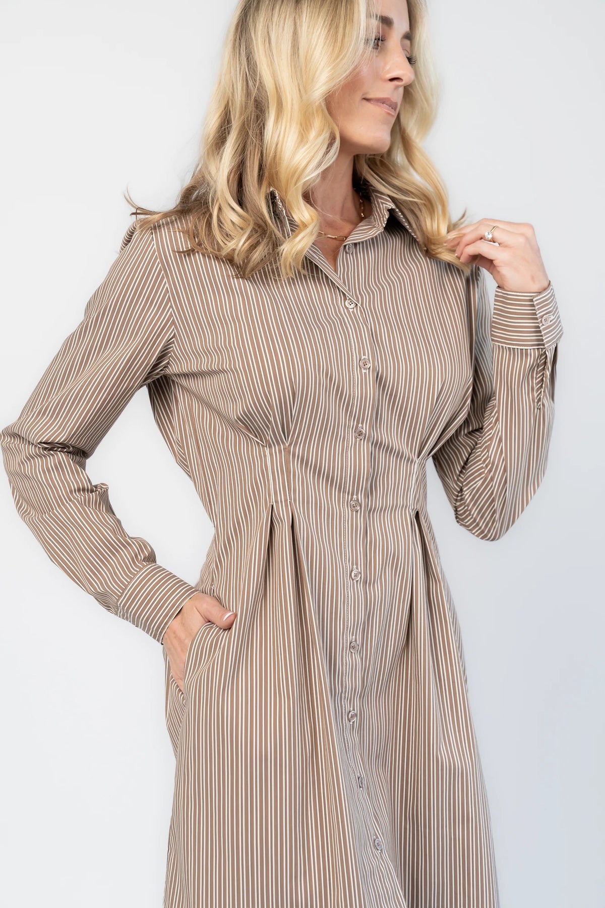 Hailey Shirt Dress in Taupe Stripe with a collared neckline, button-down front, and hidden side pockets.