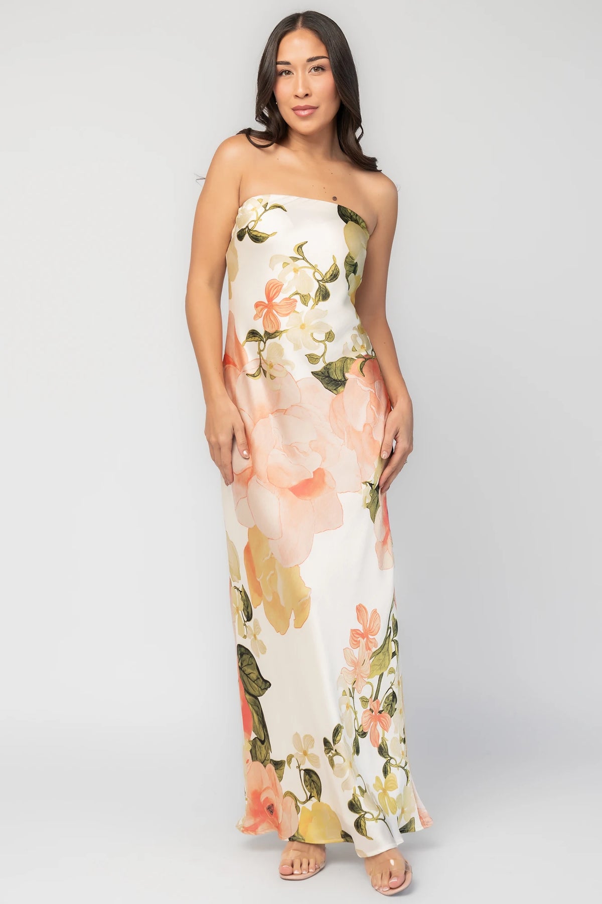 Hermosa Strapless Maxi Dress in Off White Multi Floral with strapless fitted bodice, fitted waist, and flowing maxi skirt.