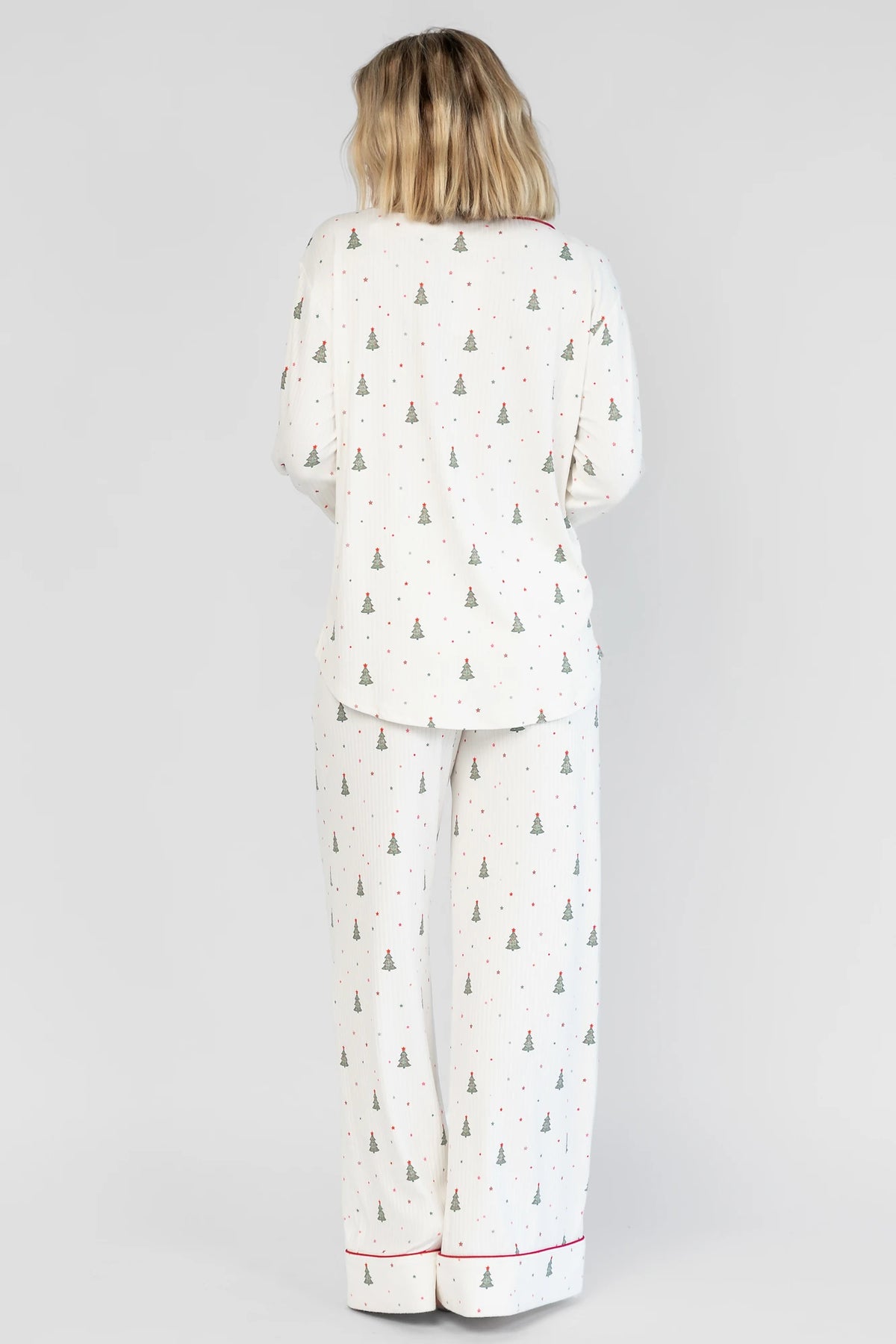 Holiday Cozy Rib Knit Pajamas in Ivory + Evergreen with an evergreen tree print, button-front top, and contrast red piping.
