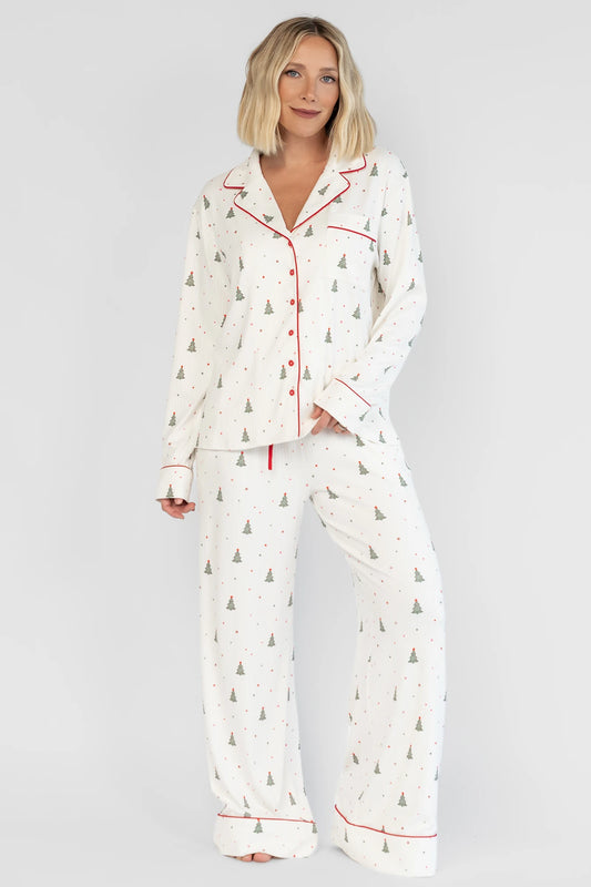 Holiday Cozy Rib Knit Pajamas in Ivory + Evergreen with an evergreen tree print, button-front top, and contrast red piping.