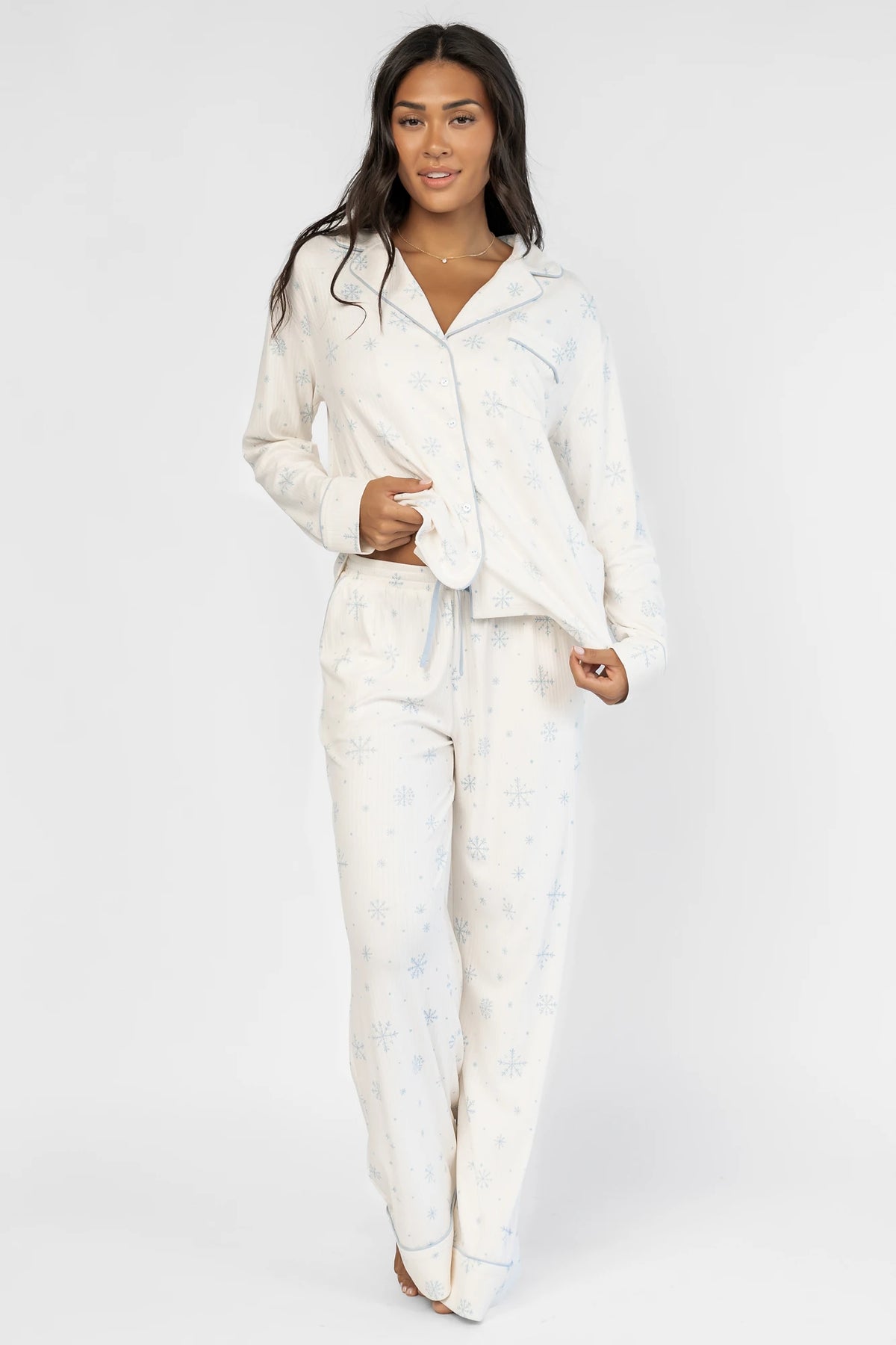 Holiday Cozy Rib Knit Pajamas in Ivory + Ice Blue with a snowflake print, button-front top, and contrast piping.