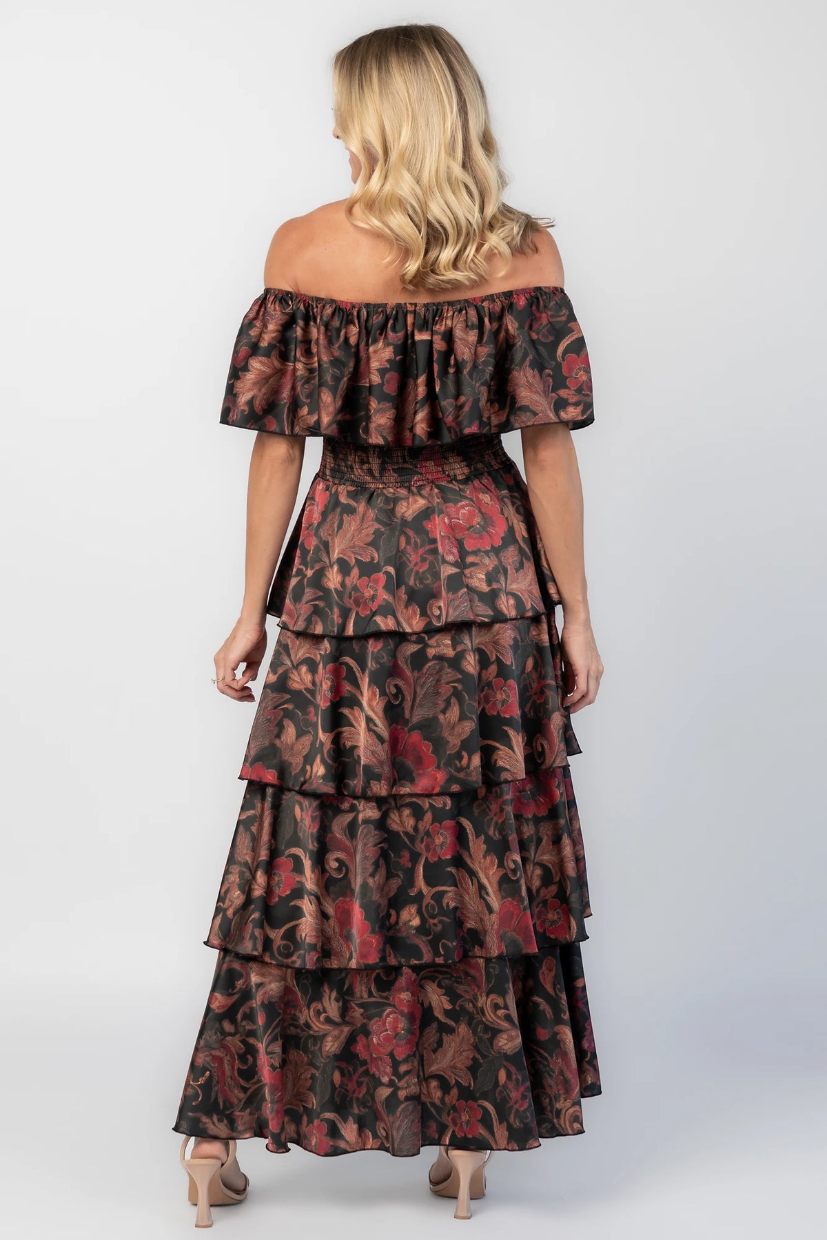 Isabelle Off Shoulder Maxi Dress in Black Multi Print with off-shoulder neckline, smocked waist, and tiered maxi skirt.