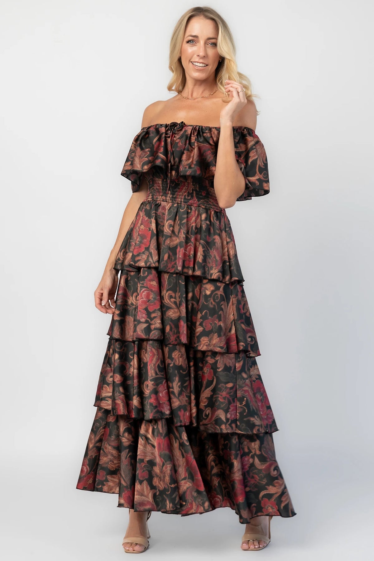 Isabelle Off Shoulder Maxi Dress in Black Multi Print with off-shoulder neckline, smocked waist, and tiered maxi skirt.