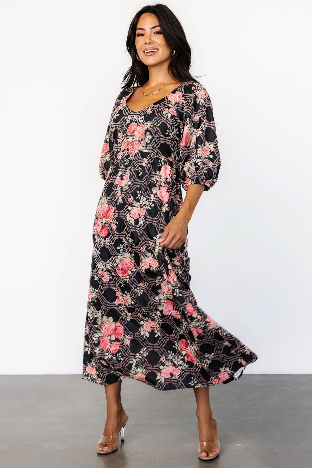 Back view of Ivanna Dress highlighting the elasticized back neckline and soft bloused back for comfortable shaping.