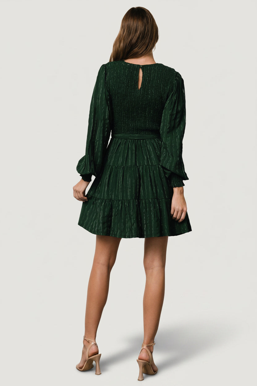 Back view of Ivey dress showing keyhole and single-button closure at center back and gentle shaping from the smocked bodice.