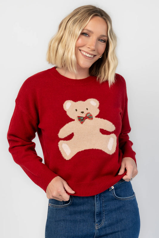Jaxton Sweater in Red with a round neckline, ribbed trim, and a teddy bear graphic with a bow tie.