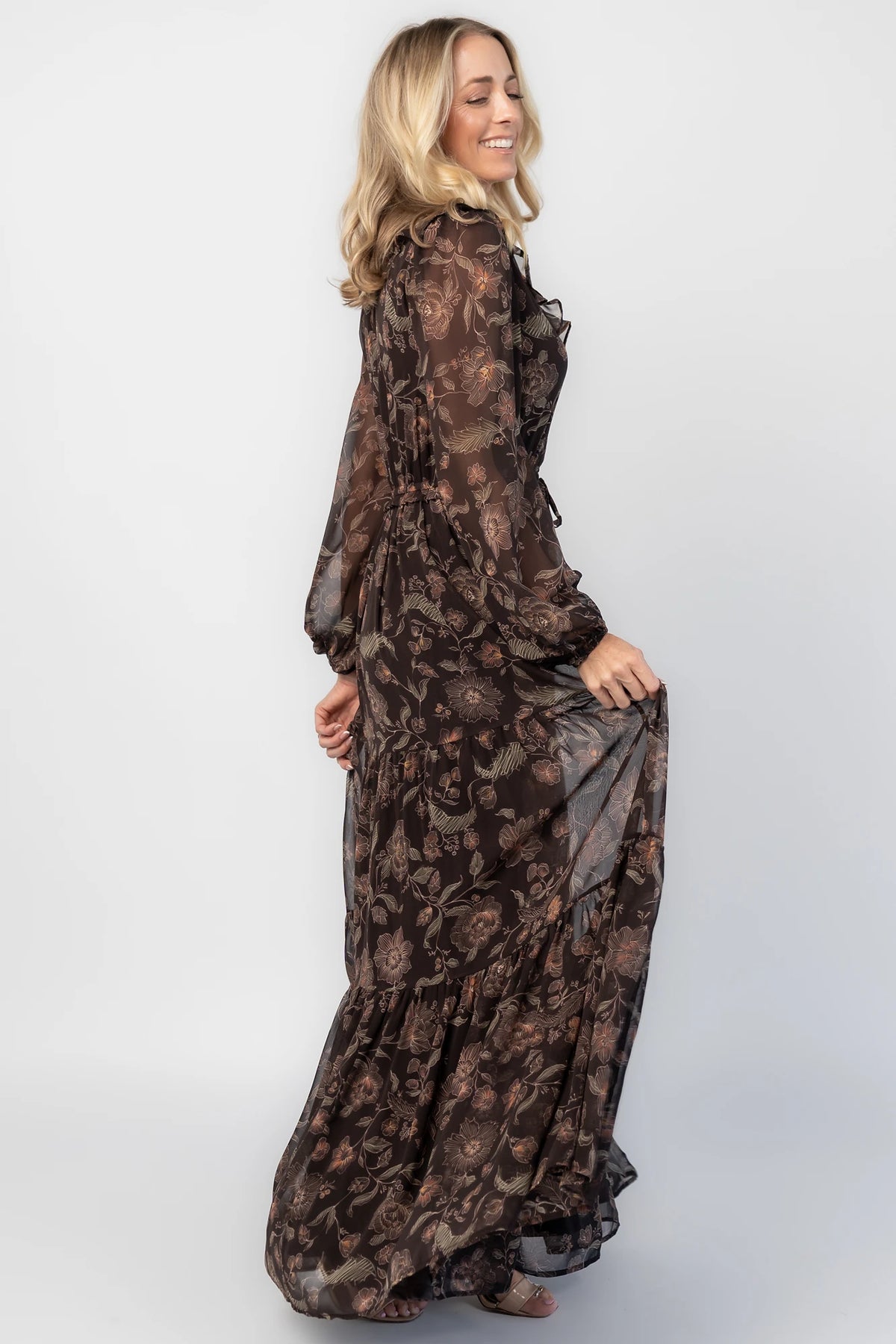 Jesslyn Maxi Dress in Brown Multi with V-neckline, ruffle trim, and button-down front.