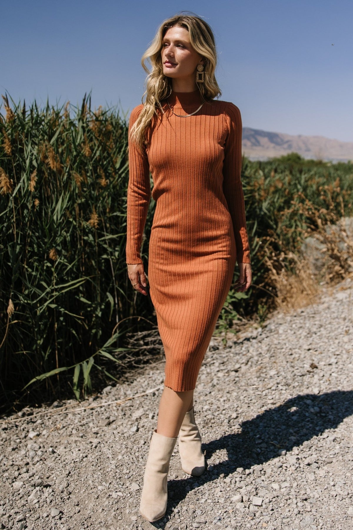 Full-length image of the Jill Ribbed Midi Dress in spice on a model, showing mock neck, slim fit through the torso, and mid-calf hemline.