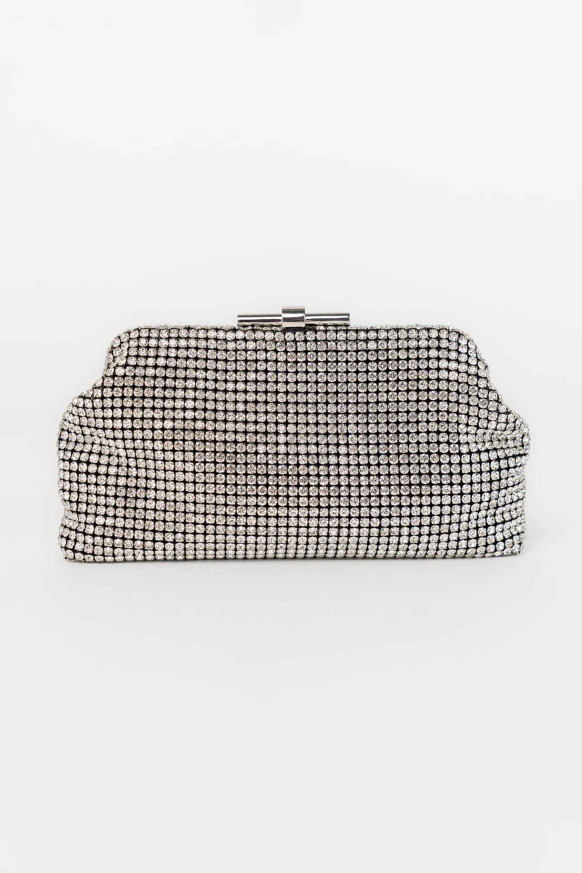 Julie Evening Clutch Bag with silver rhinestones, structured silhouette, clasp closure, and detachable chain strap.
