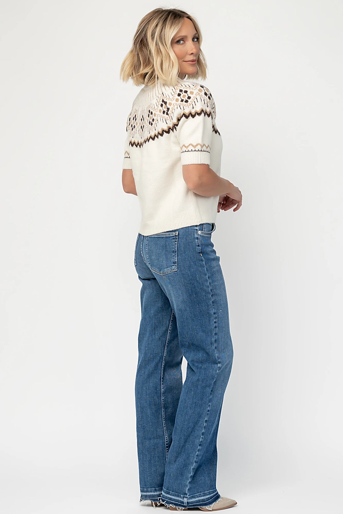 Kambri Sweater Top in Cream Multi with Fair Isle pattern, mock neckline, short sleeves, and ribbed trim.
