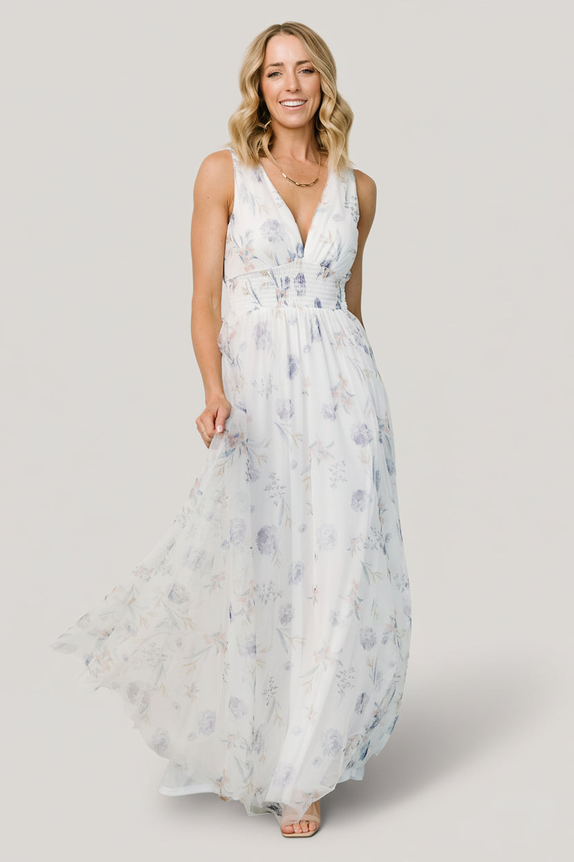 Kamila Tulle Maxi Dress | White Floral