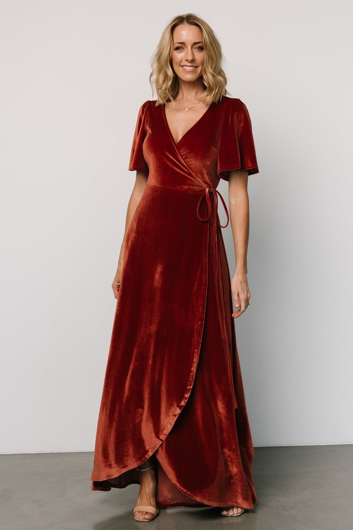 Close-up of Cinnamon velvet fabric and bodice on the Katelyn wrap dress, highlighting higher-coverage V-neckline, stitching and lining details.