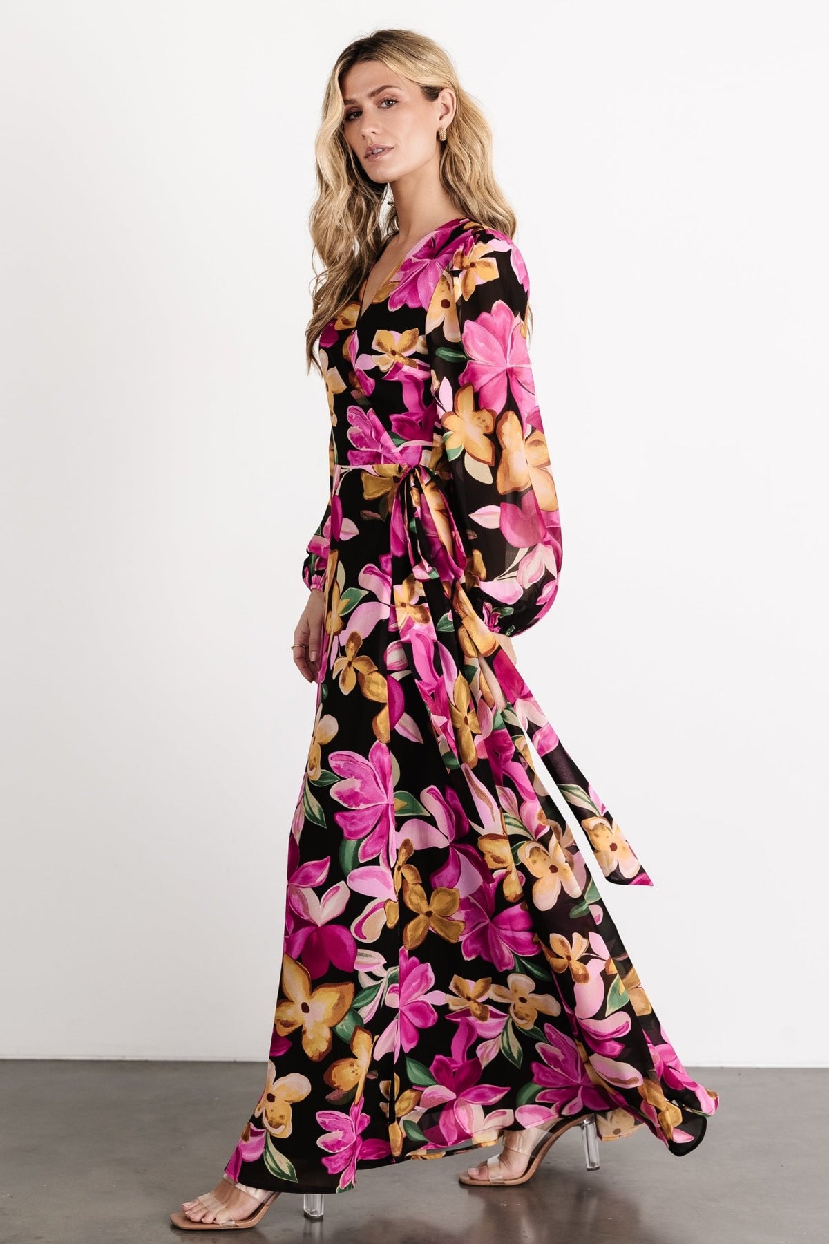 Detail image of the sleeve and cuff on the Katinka Wrap Maxi Dress, highlighting the long bishop sleeve silhouette and elastic cuff finish.