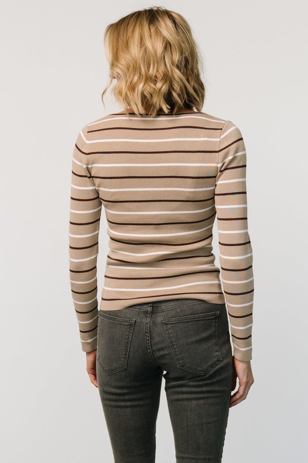 Flat-lay and detail view of Kaylee taupe stripe long sleeve top, showing stripe placement, knit stretch, and neckline shape for shopper reference.