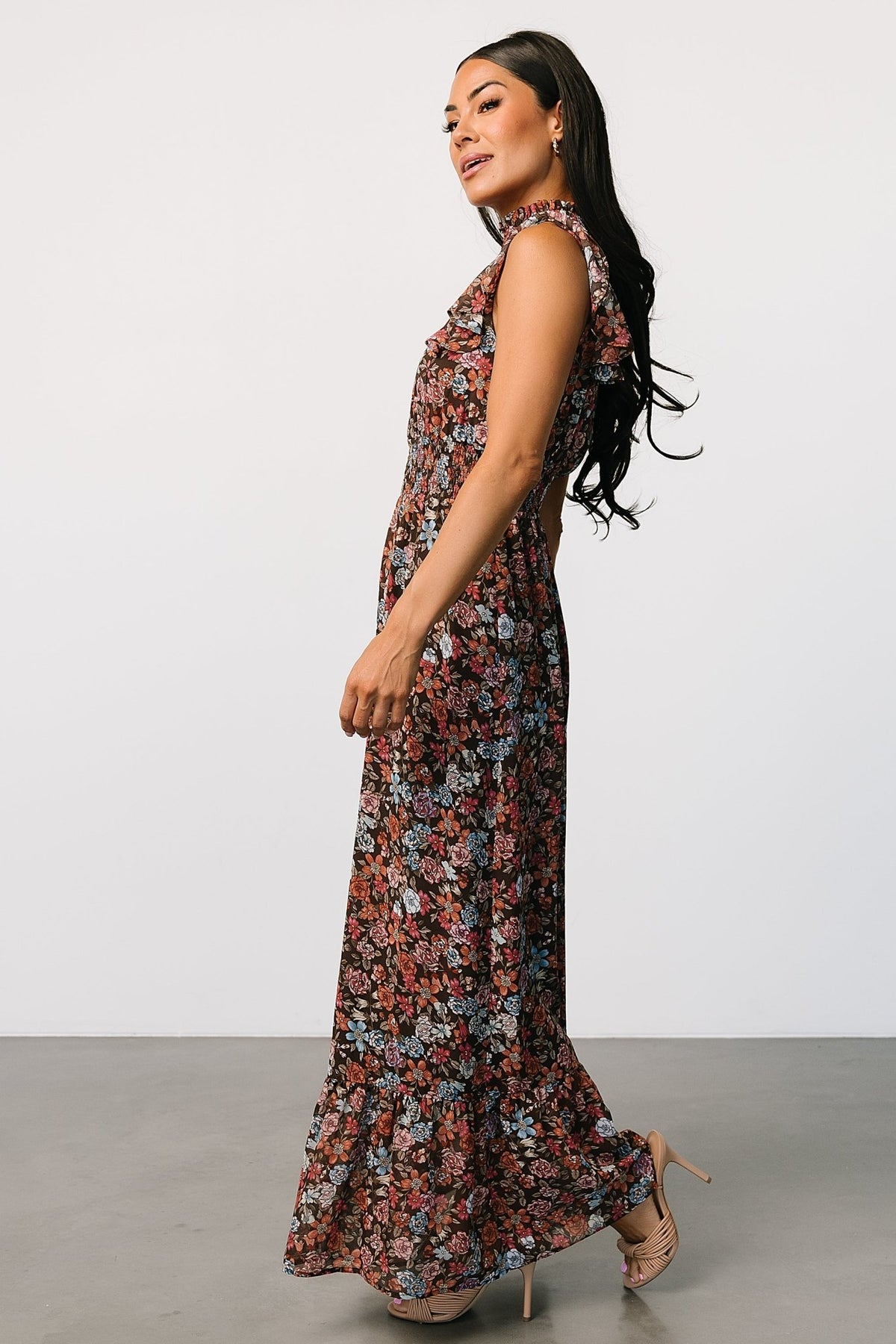 Back view showing smocked high neckline with button closures and the pull-over design of the brown multi floral maxi dress.