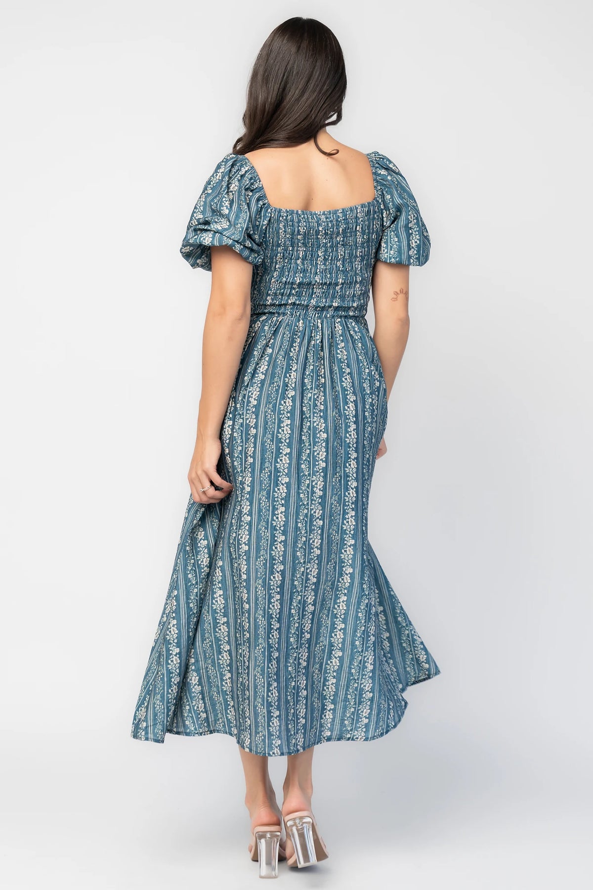 Keira Midi Dress in Blue Print with square neckline, smocked bodice, short puff sleeves, and midi skirt.