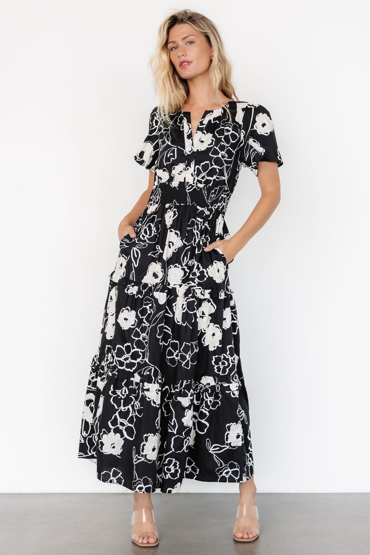 Front view of Kiana Poplin Maxi Dress in black and cream print, showing smocked waist, V-neck and tiered ruffle skirt.