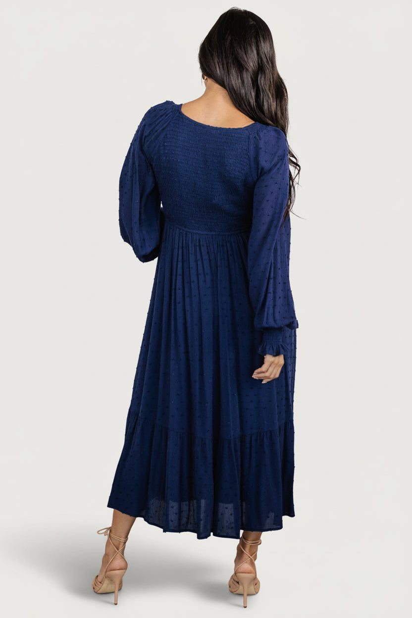 Lainey Smocked Dotted Midi Dress | Midnight Blue