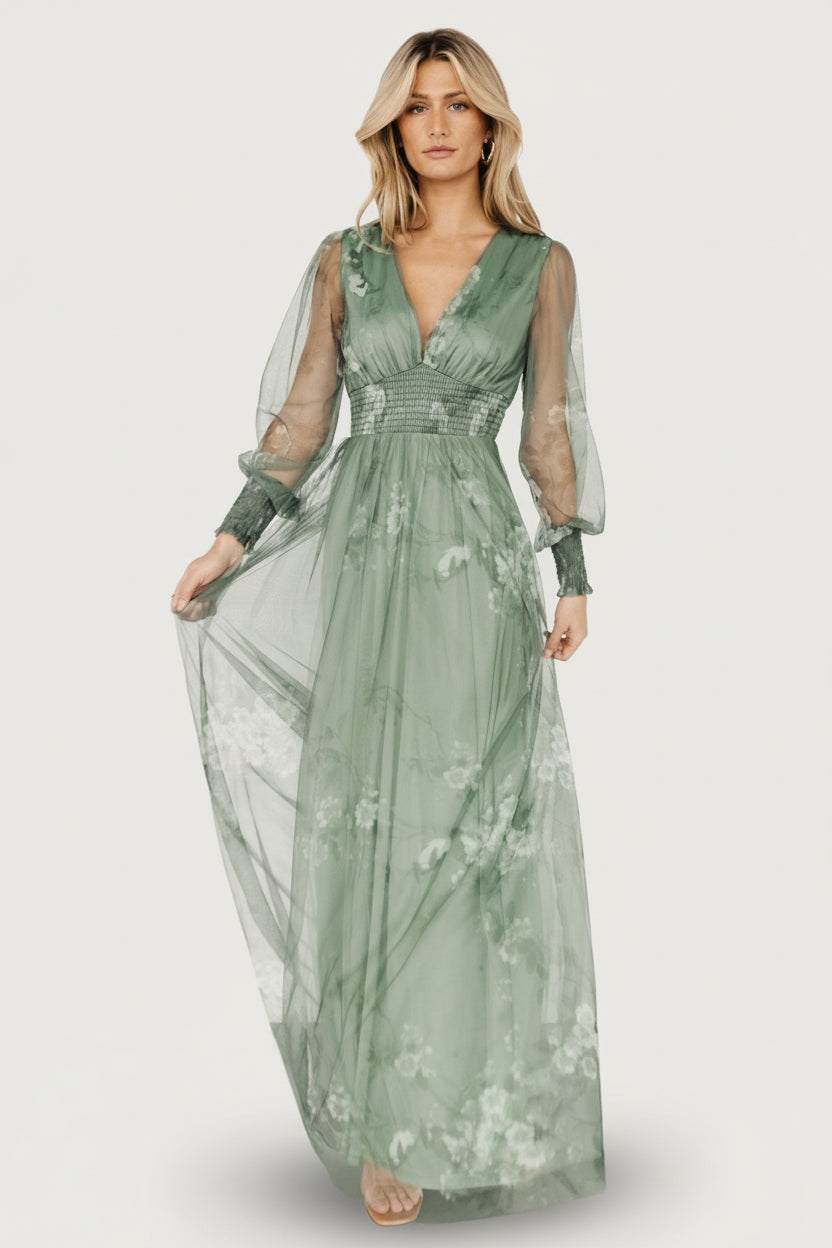 Layla Tulle Maxi Dress | Dusty Green Floral