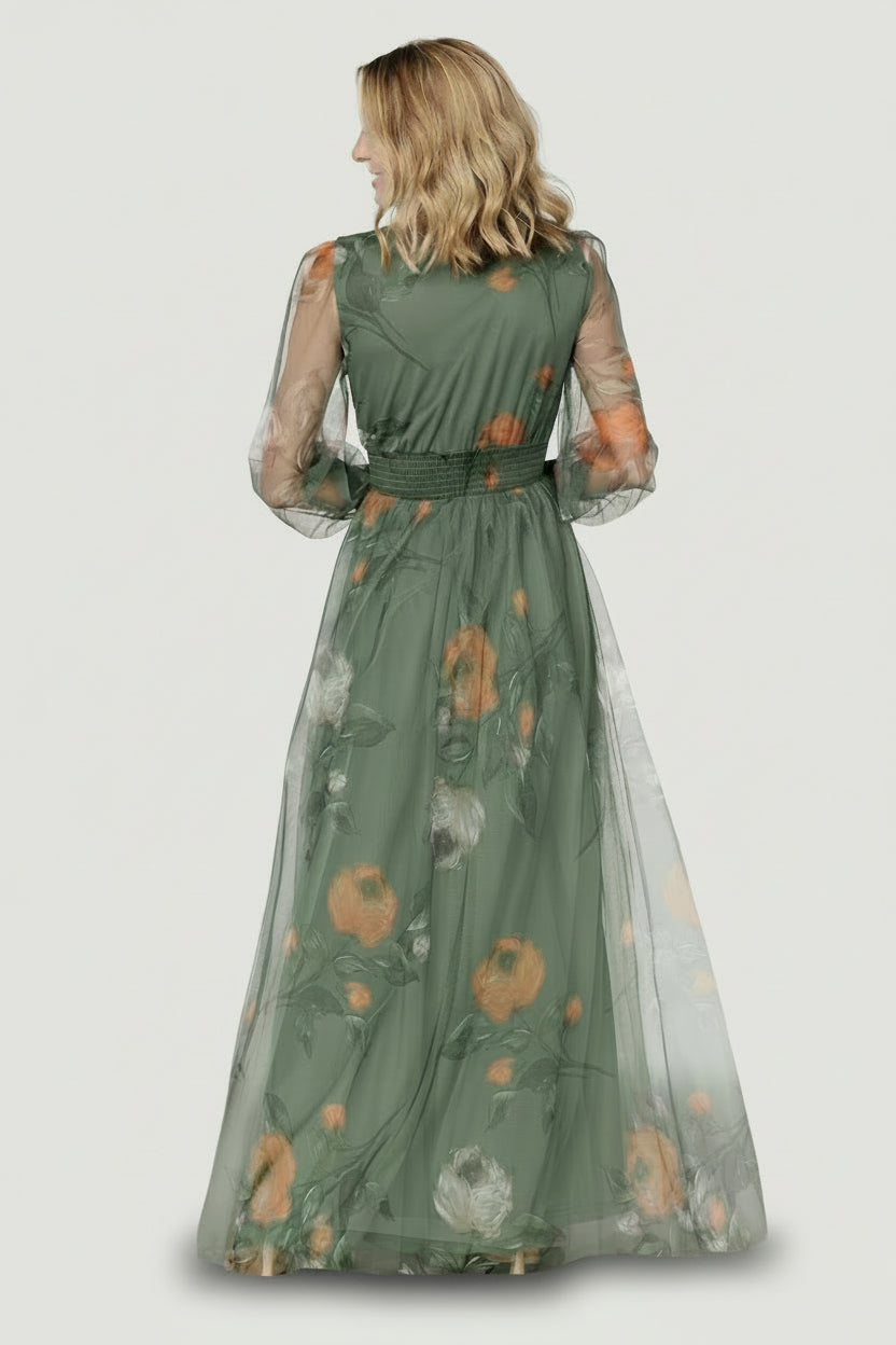 Full-length view of Layla Tulle Maxi Dress dusty olive floral, model wearing dress to show length, raw hem and soft drape of the skirt.
