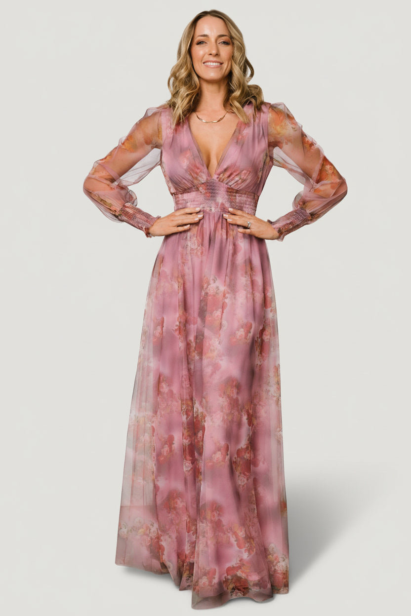 Model seated in Layla Tulle Maxi Dress Dusty Orchid Floral, showing natural movement of the skirt and comfortable, bump-friendly fit.