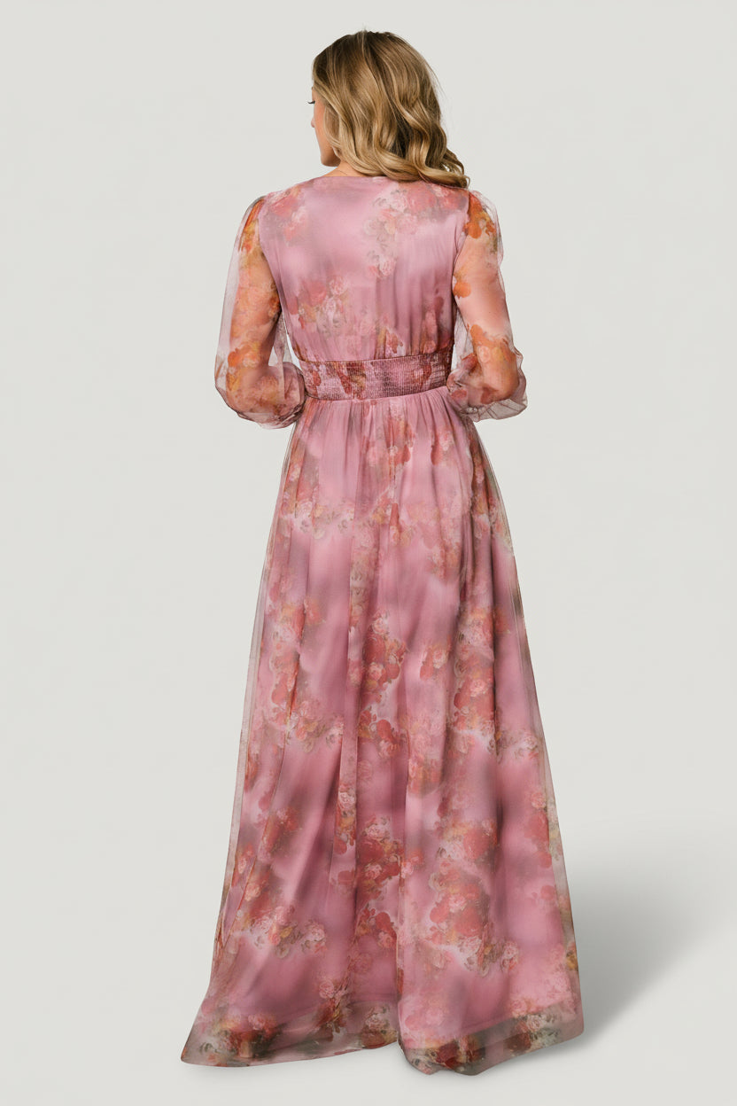 Studio shot of Layla Tulle Maxi Dress in Dusty Orchid Floral on a mannequin, highlighting silhouette, smocked waist, and sleeve details.