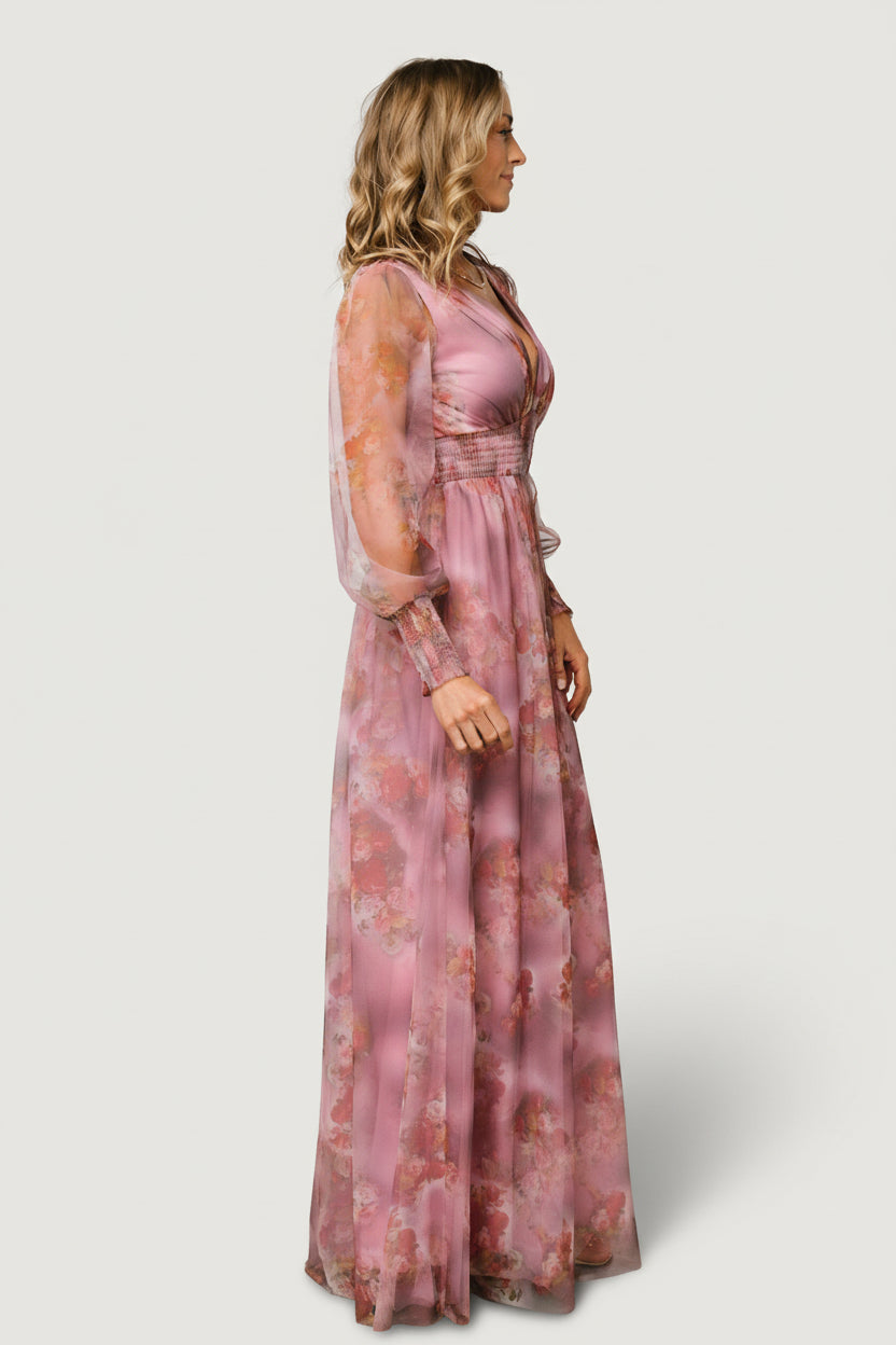 Styled shot of Layla Tulle Maxi Dress in Dusty Orchid Floral, showcasing waistline, skirt volume, and the dress’s event-ready movement.