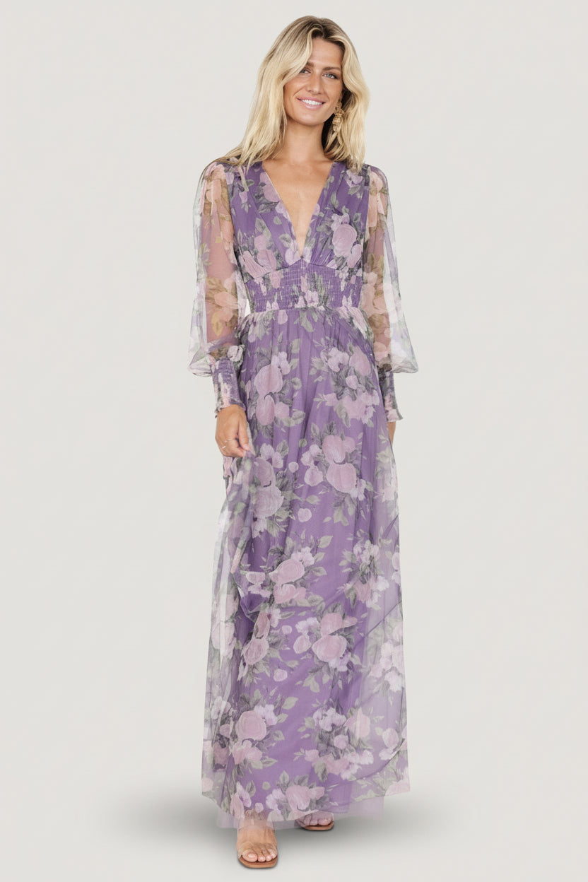 Front view of Layla Tulle Maxi Dress in lavender and blush floral showing deep V-neckline, fitted smocked waist, and flowing tulle skirt to the floor.