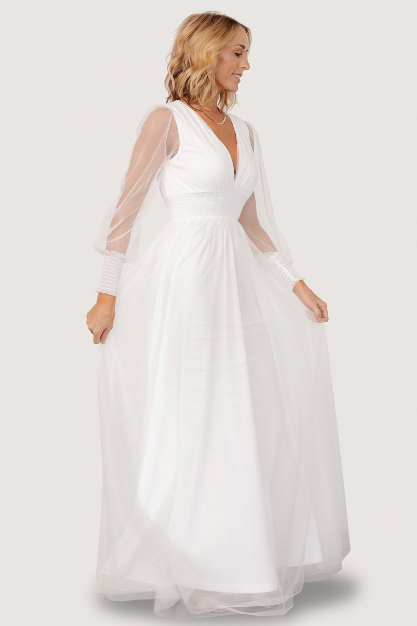 Studio shot of Layla Tulle Maxi Dress in white on a model, highlighting silhouette, V-neckline, and the lightweight layered tulle skirt.
