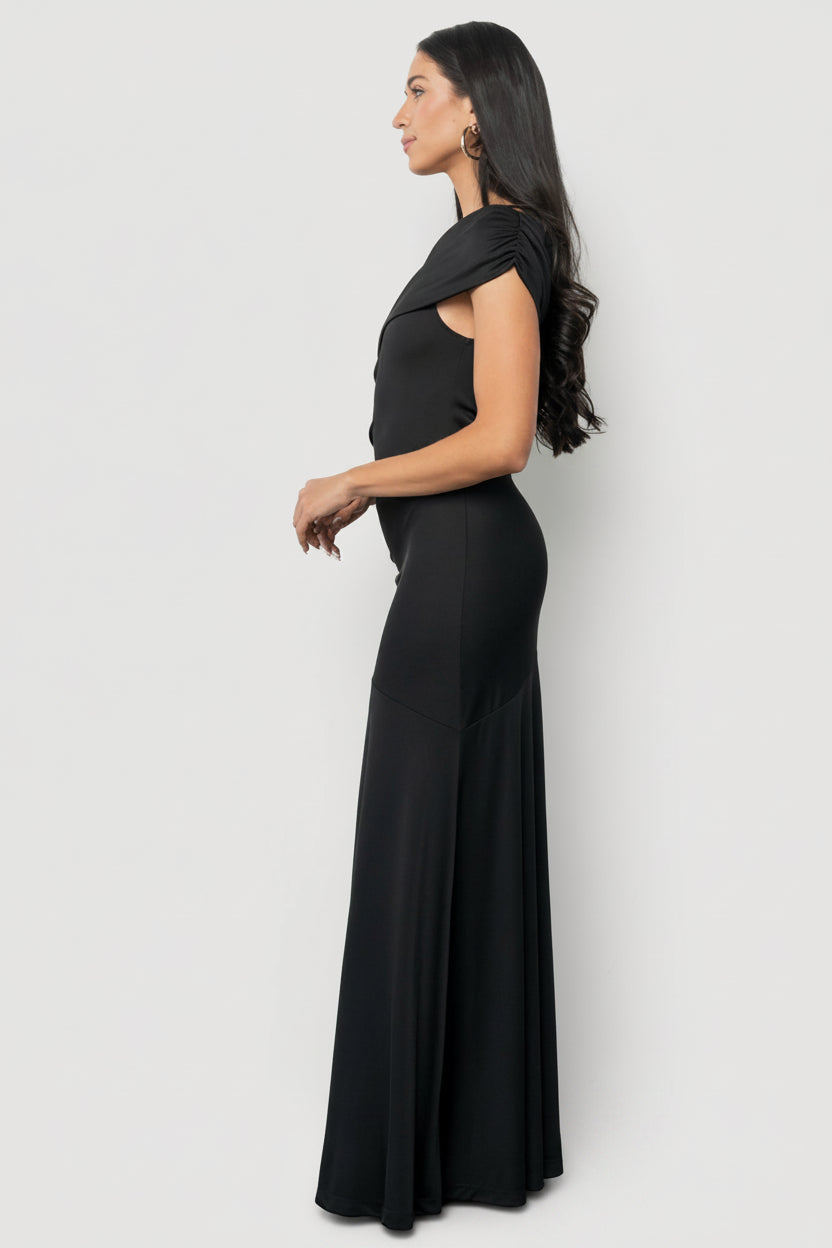 Leon One Shoulder Gown with asymmetrical neckline, diagonal draping, side ruching, and fitted maxi silhouette.