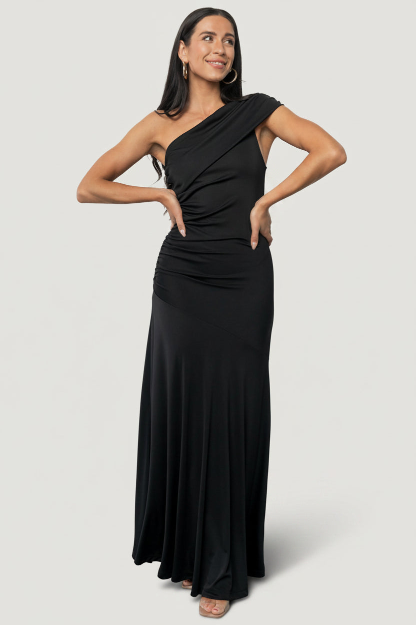 Leon One Shoulder Gown with asymmetrical neckline, diagonal draping, side ruching, and fitted maxi silhouette.