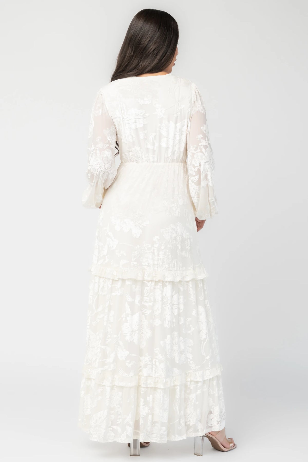 Liana Velvet Embossed Ruffle-Tier Maxi Dress in Ivory with V-neck, long sleeves, and ruffle-tiered skirt.