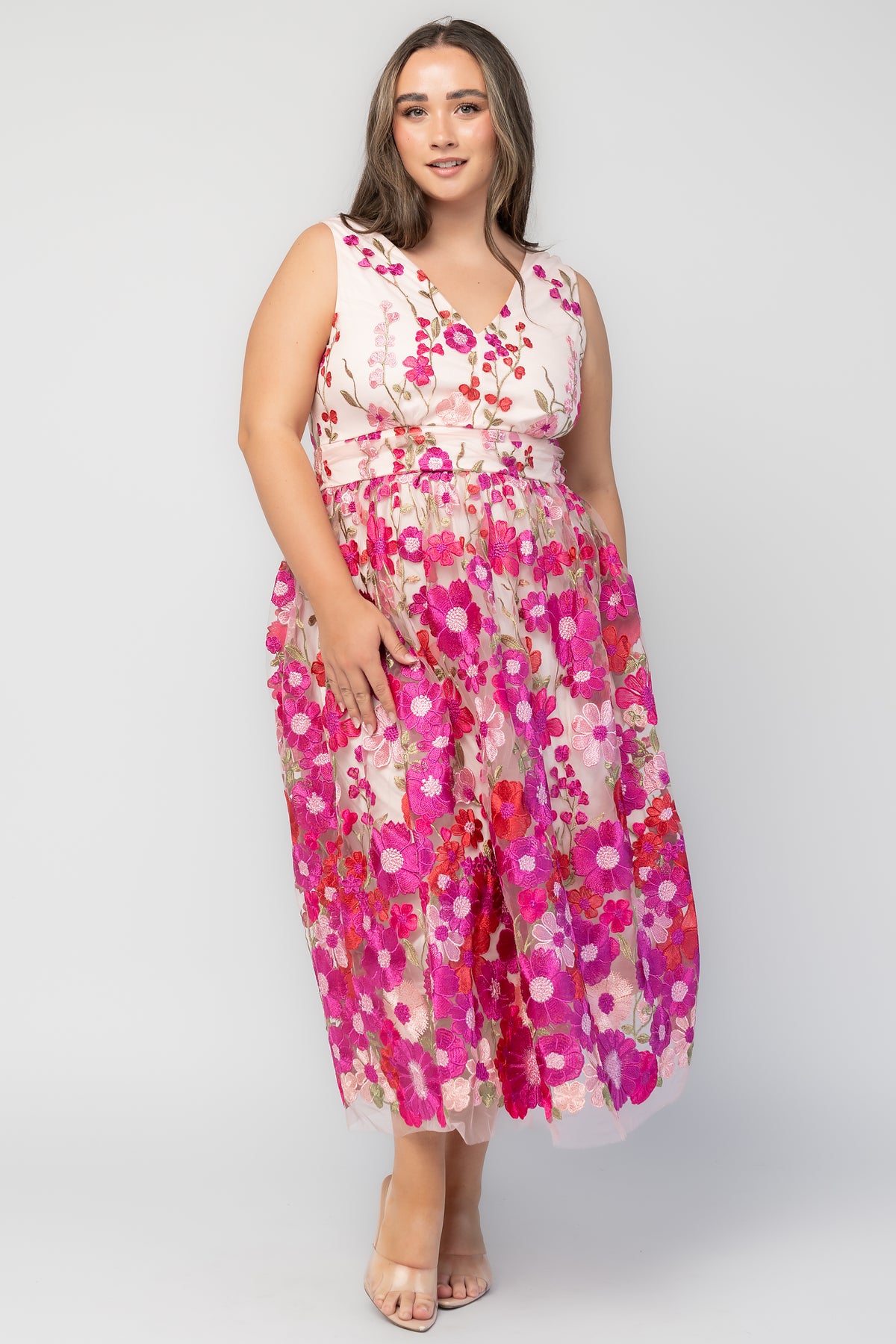Lila Embroidered Midi Dress in Pink Multi with floral embroidered tulle, V-neckline, pleated bodice, and tiered midi skirt.