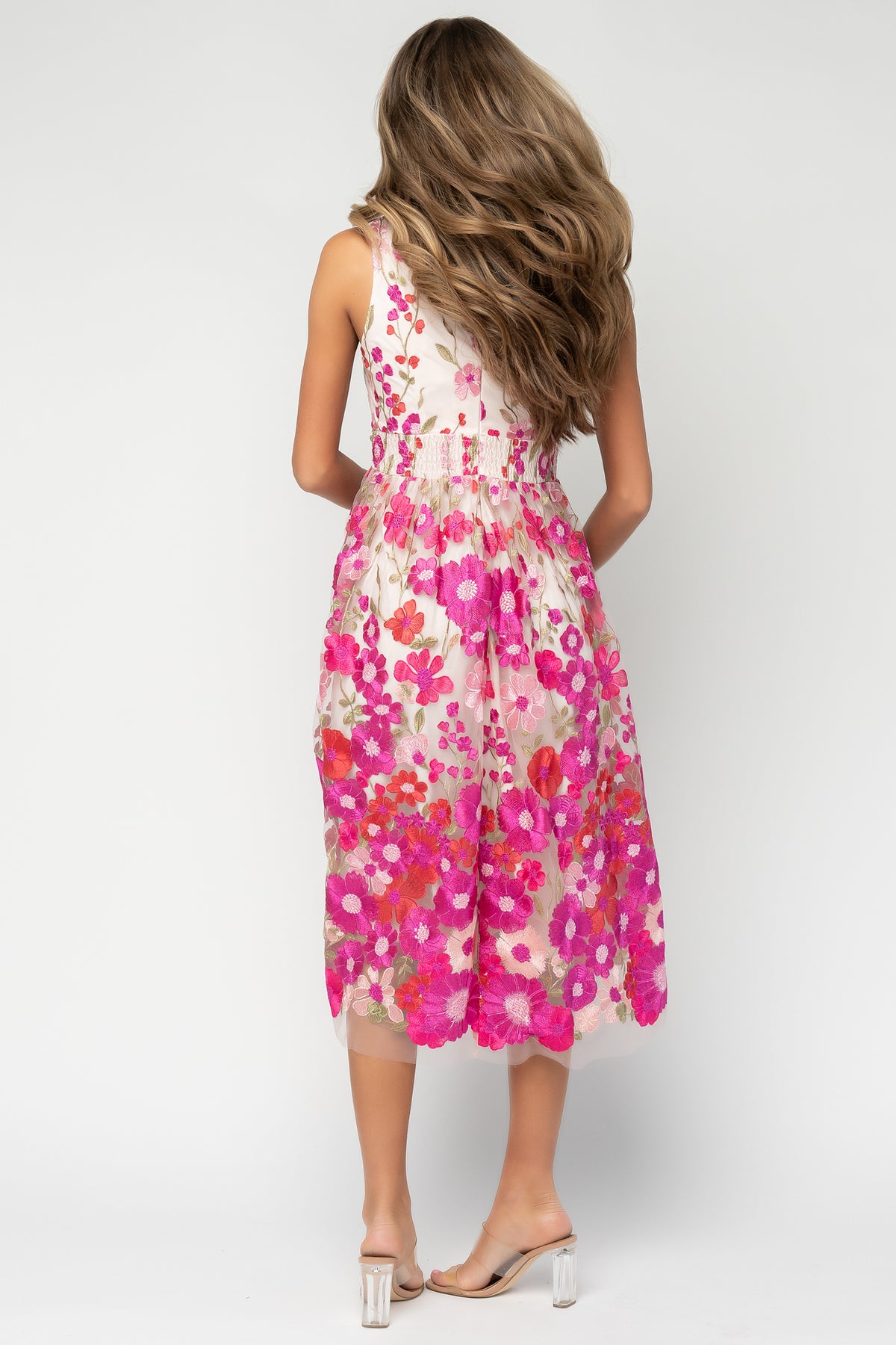 Lila Embroidered Midi Dress in Pink Multi with floral embroidered tulle, V-neckline, pleated bodice, and tiered midi skirt.
