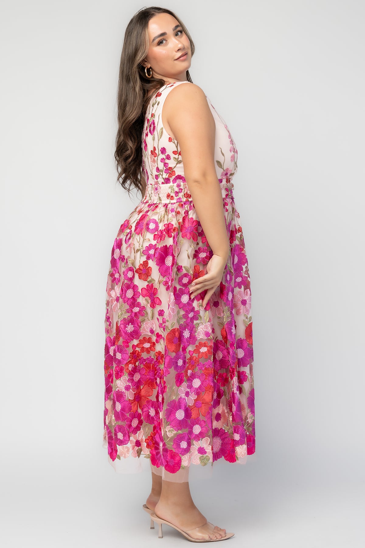 Lila Embroidered Midi Dress in Pink Multi with floral embroidered tulle, V-neckline, pleated bodice, and tiered midi skirt.