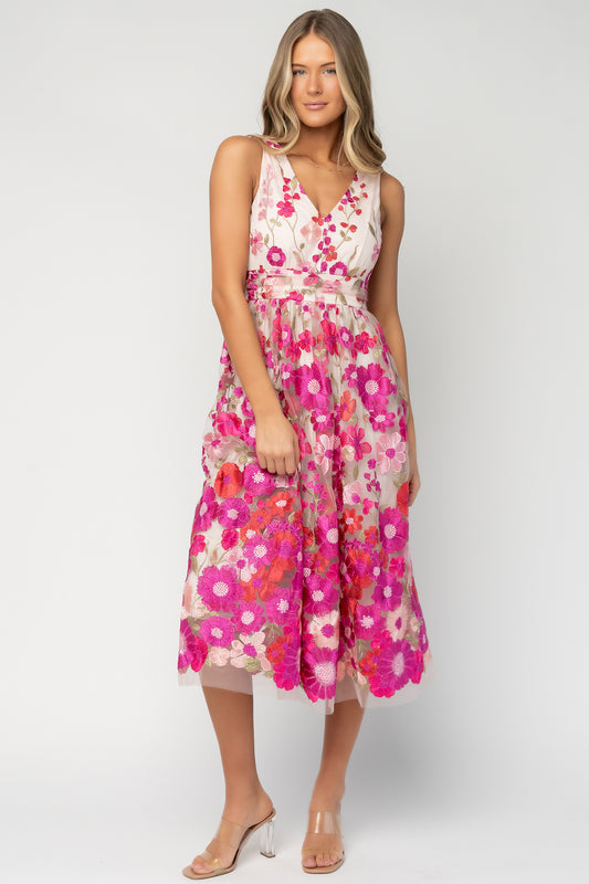 Lila Embroidered Midi Dress in Pink Multi with floral embroidered tulle, V-neckline, pleated bodice, and tiered midi skirt.