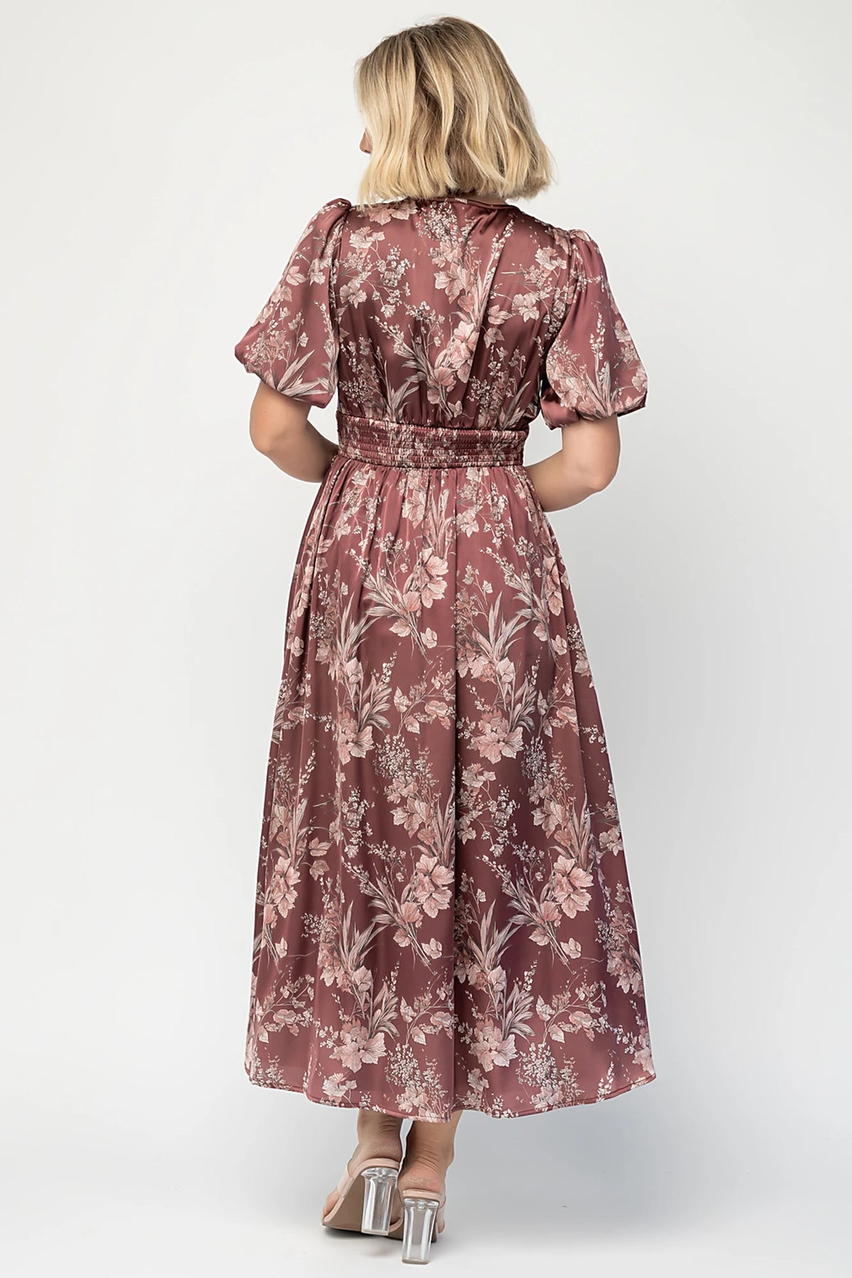 Lilibet Satin Dress in Clove Floral with V-neckline, short sleeves, faux front buttons, gathered waist, and satin finish.