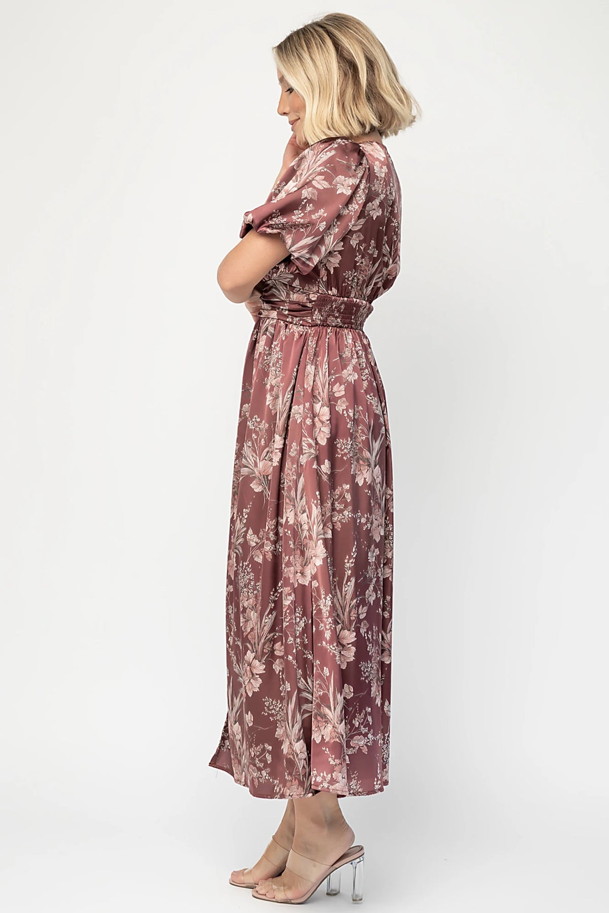 Lilibet Satin Dress in Clove Floral with V-neckline, short sleeves, faux front buttons, gathered waist, and satin finish.