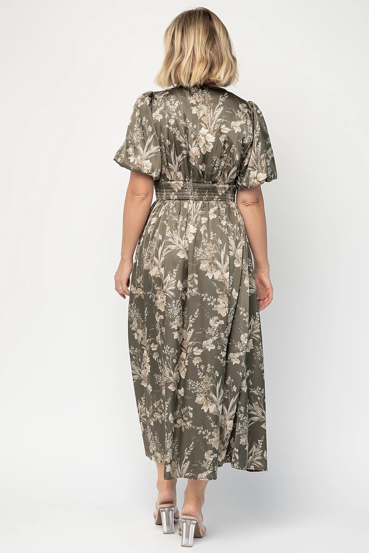 Lilibet Satin Dress in Olive Floral with V-neckline, short sleeves, faux front buttons, gathered waist, and satin finish.