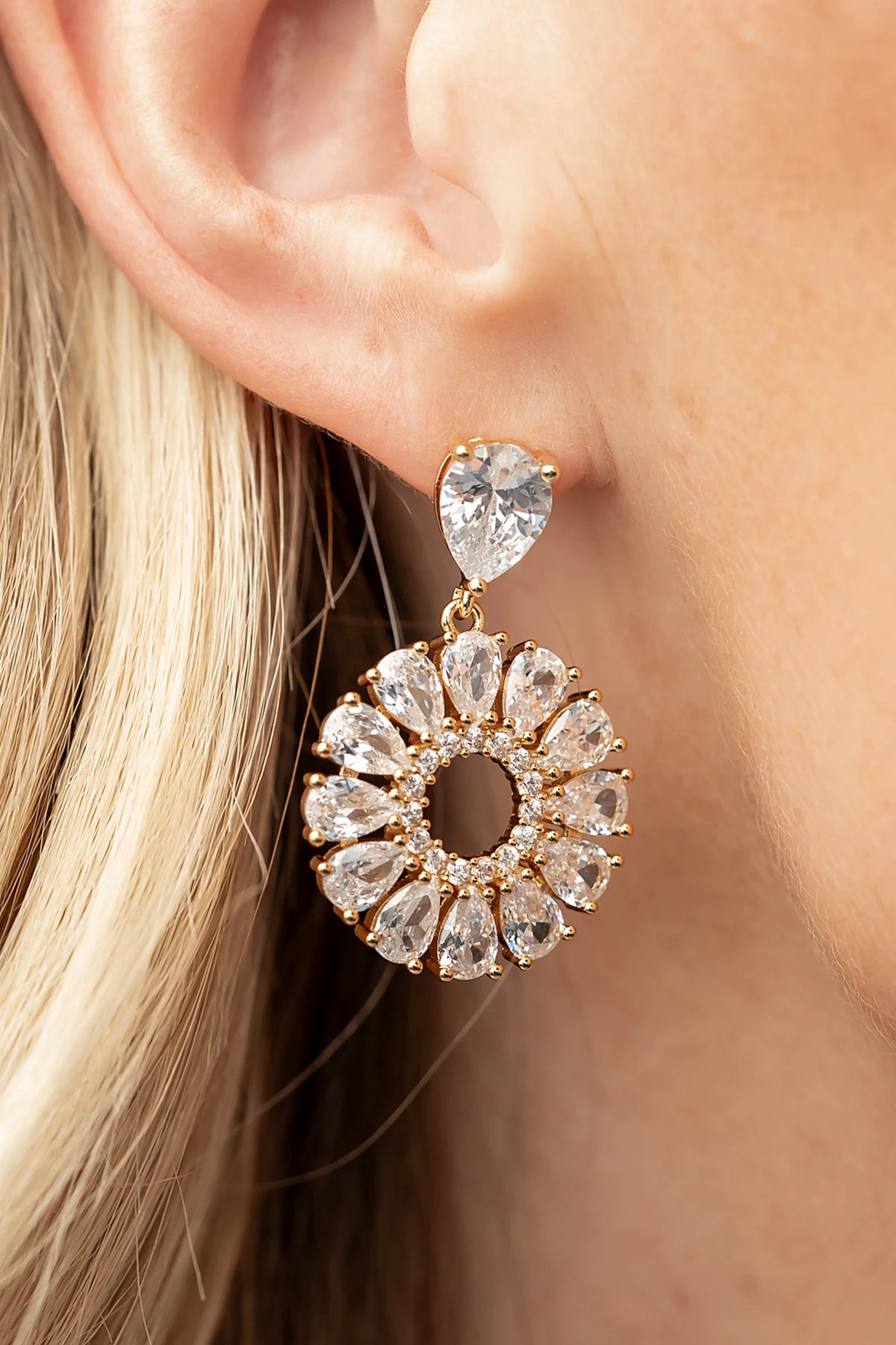 Lisandra Cluster Drop Earrings in Gold with teardrop studs, clear faceted stones, and circular cluster drops.