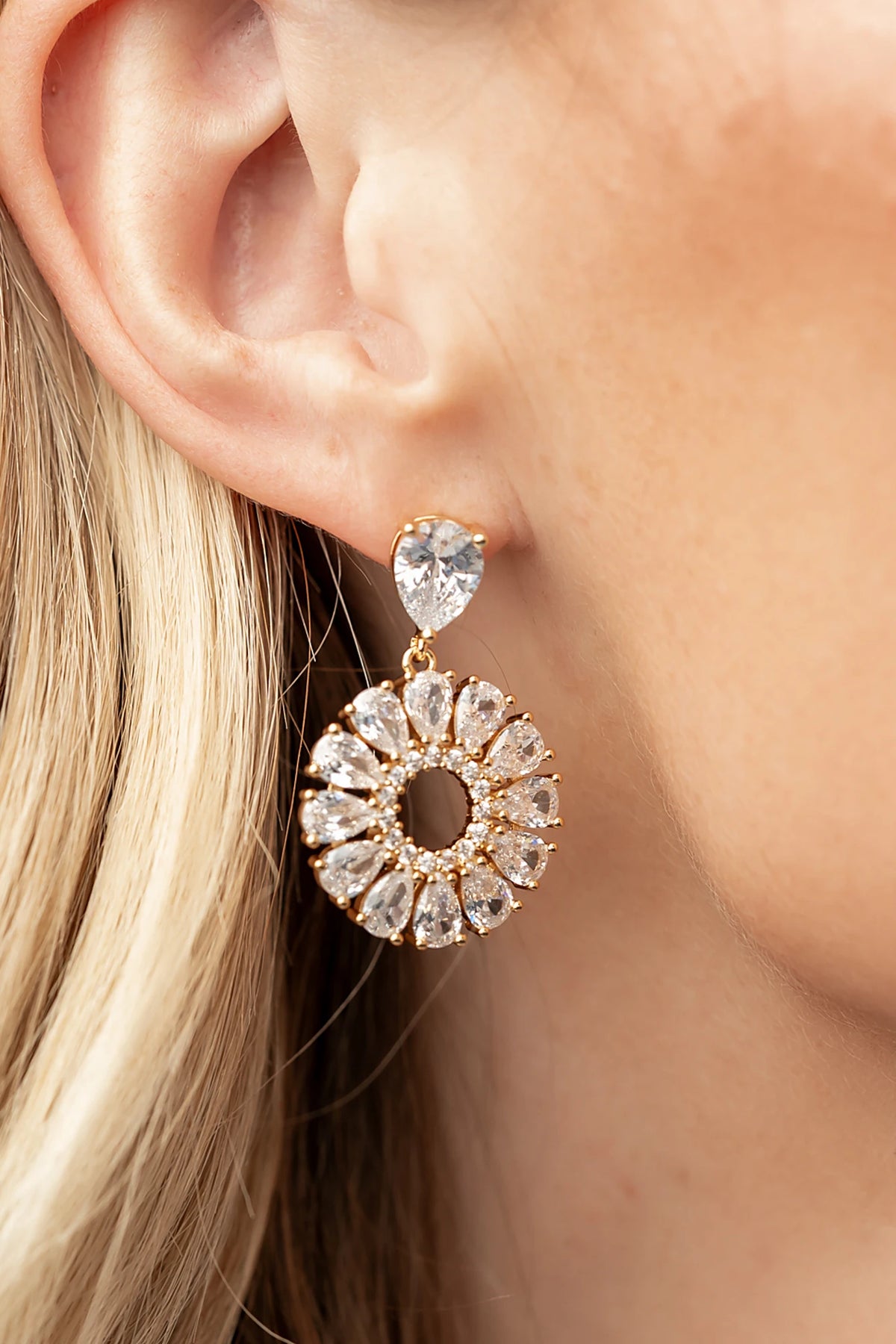 Lisandra Cluster Drop Earrings in Gold with teardrop studs, clear faceted stones, and circular cluster drops.