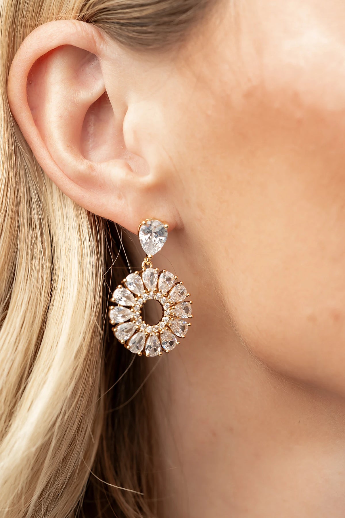 Lisandra Cluster Drop Earrings in Gold with teardrop studs, clear faceted stones, and circular cluster drops.