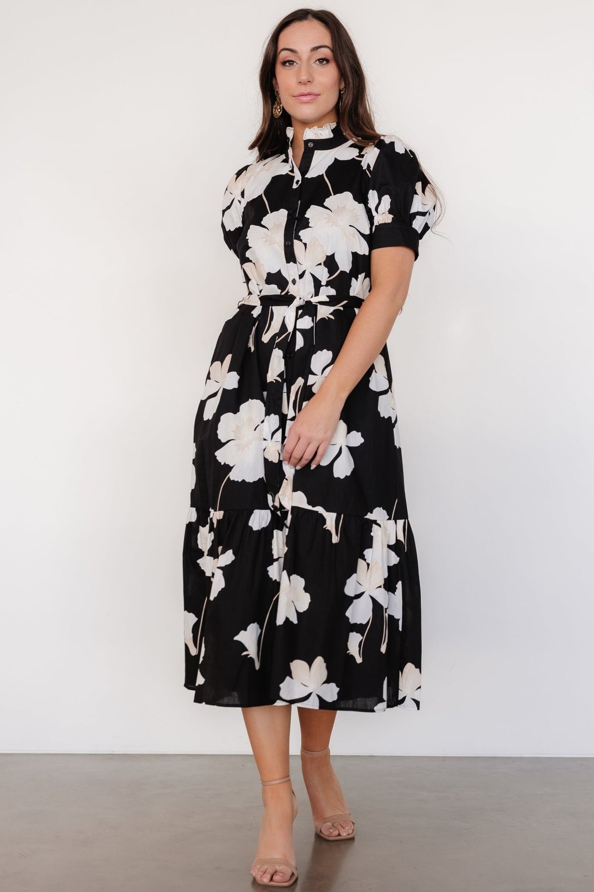 Styled outfit shot of the Loewe button dress worn with sandals, showing overall fit, floral pattern scale, and removable sash tied at the waist.