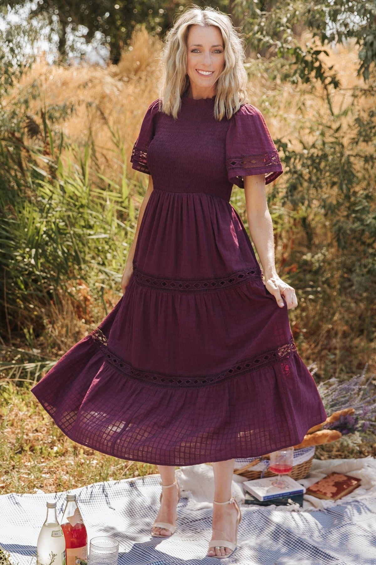 Close-up of geo lace texture and contrast rayon detailing with visible smocking at the bodice and delicate lace pattern.