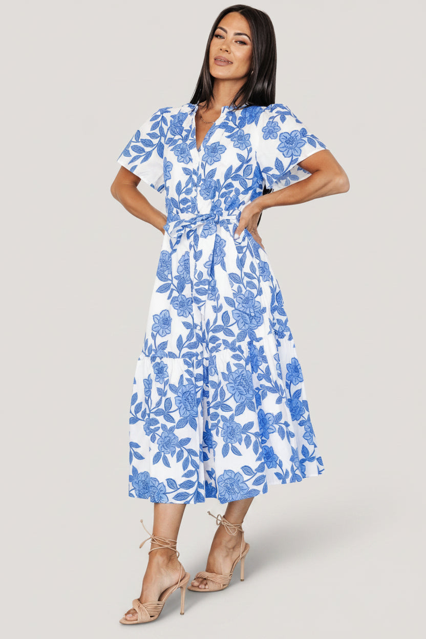 Lydie Button Midi Dress | White + Blue
