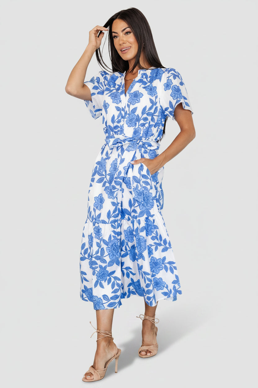 Lydie Button Midi Dress | White + Blue