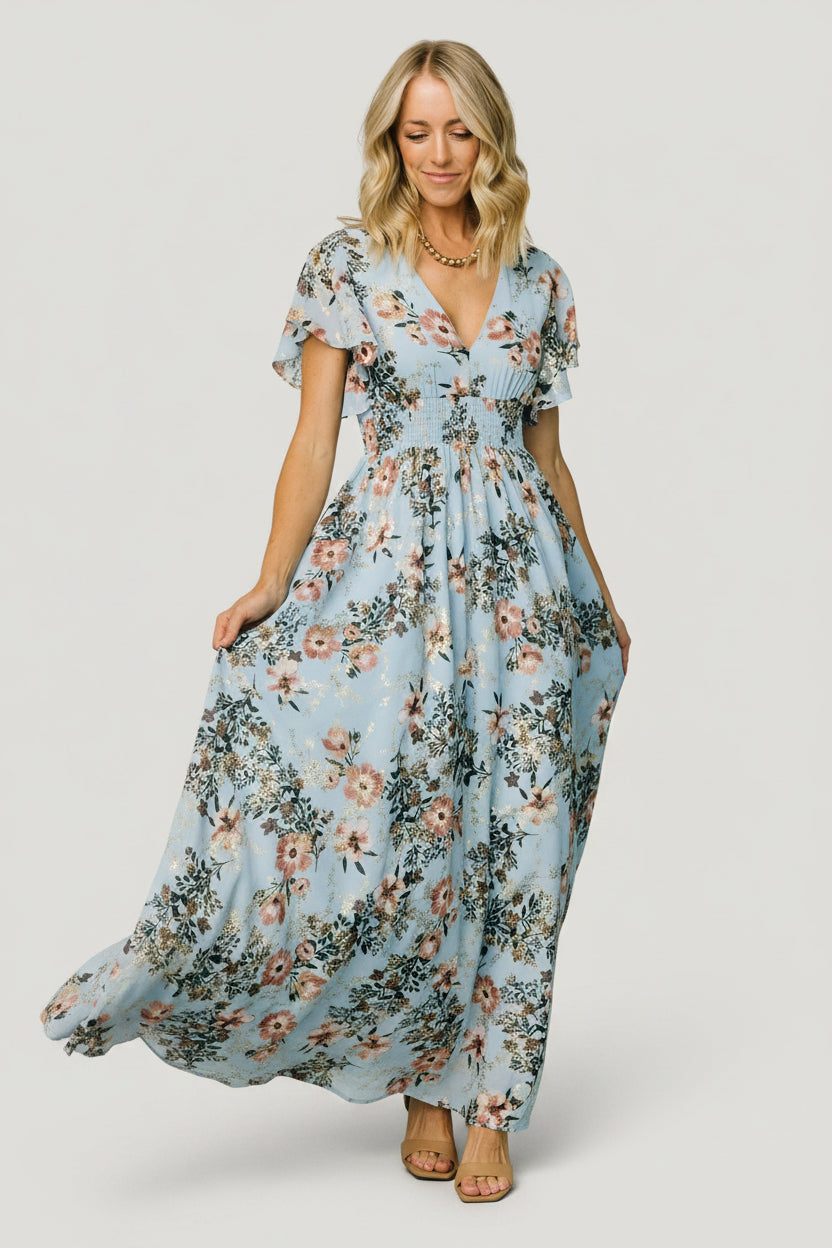 Lynlee Metallic Maxi Dress | Light Blue