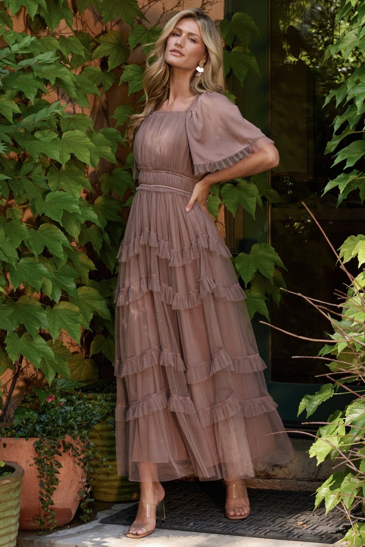 Detail image of Magdalena Tulle Maxi Dress sleeve and waist in dusty mink showing short ruffled sleeve and elastic waistband.