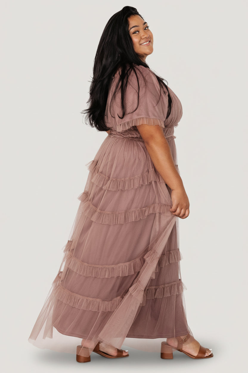 Studio close-up of Magdalena Tulle Maxi Dress skirt in dusty mink highlighting layered tiers, ruffle edges, and flowing silhouette.